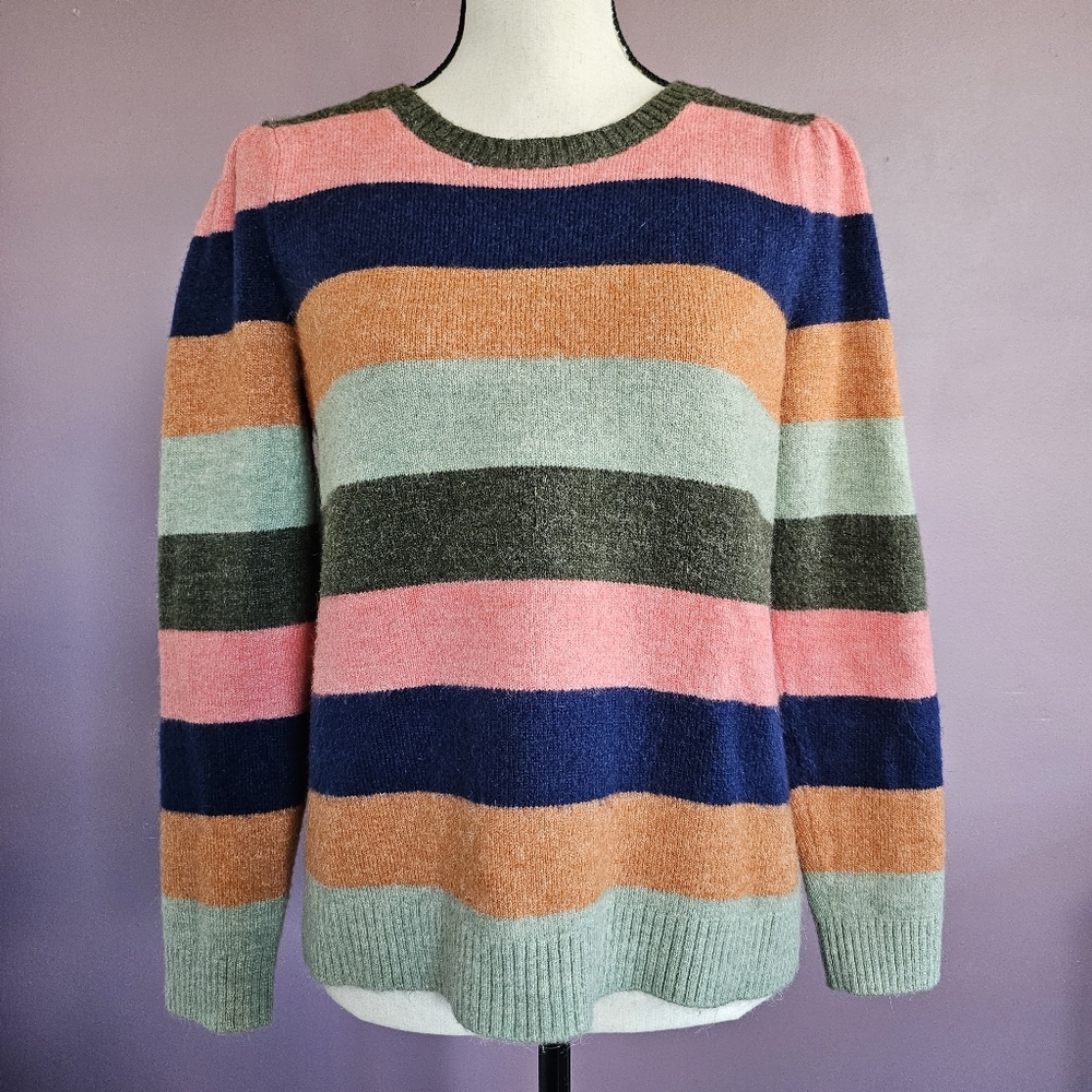 Talbots Multicolor Bold Stripe Acrylic Blend Puff Shoulder Crew Neck Sweater - Picture 2 of 8